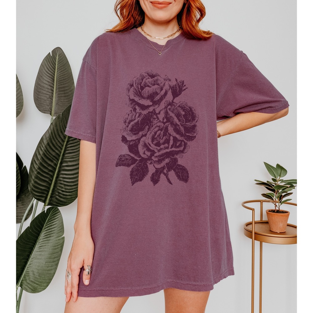 Three Roses Botanical Line Art Graphic Tee Elegant Engraving Design